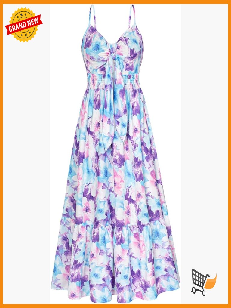 Summer Floral Maxi Dress Boho Beach Vacation Casual Long Flowy With Pockets